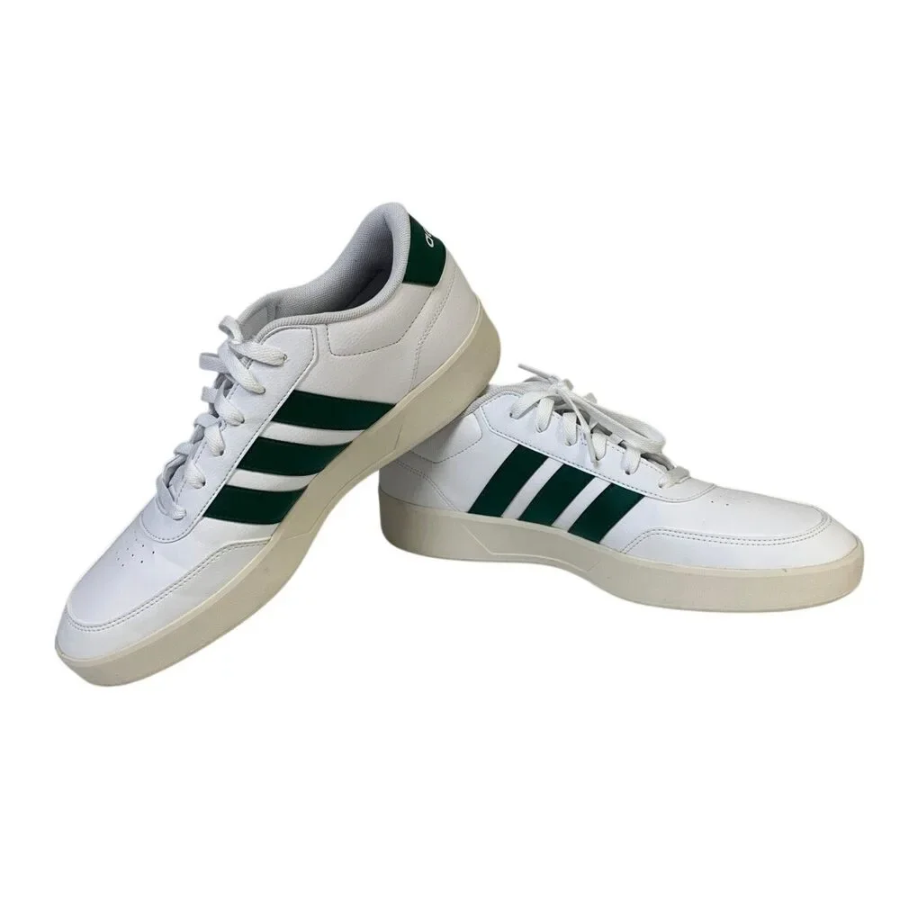 New In Box Adidas Men Size 10 White Faux Leather Green Stripe Breaknet 3.0 Shoes
